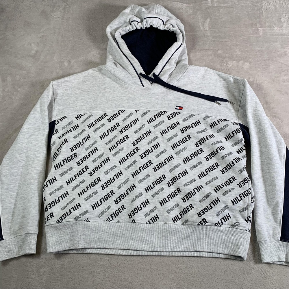 Tommy Hilfiger Sport Hoodie Women XL Gray Navy Pullover All Over Print Logo Flag